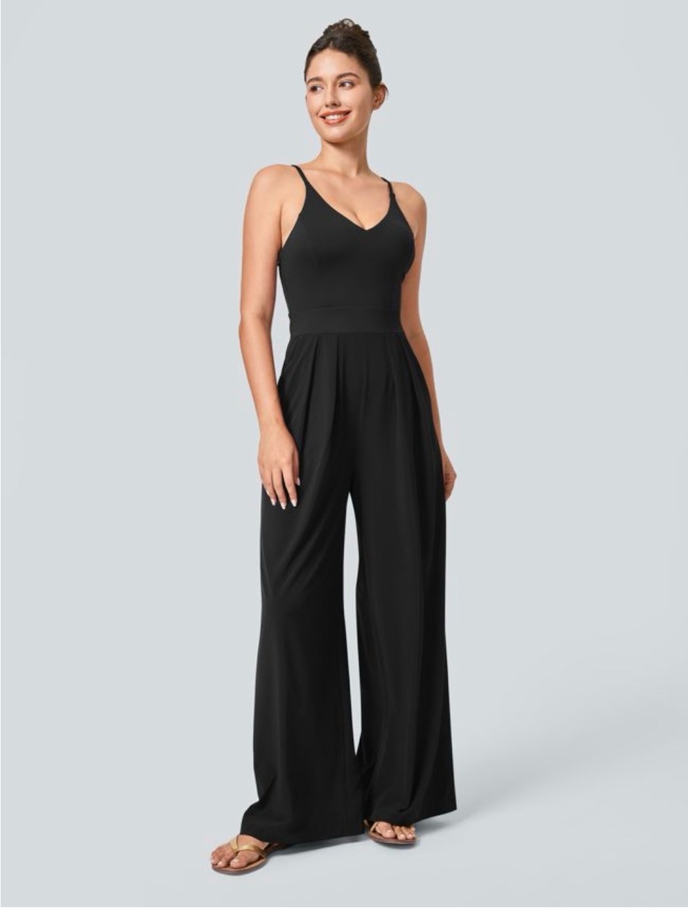 HALARA Black Wide-Leg V-Neck Jumpsuit with Spaghetti Straps
